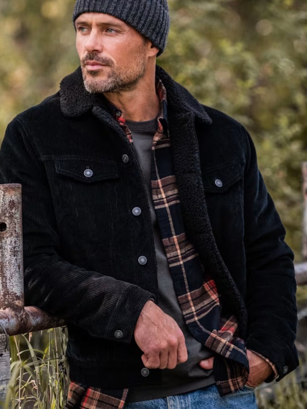 Line of Trade Montana Fleece-Lined Corduroy Trucker Jacket Black Sherpa Lined